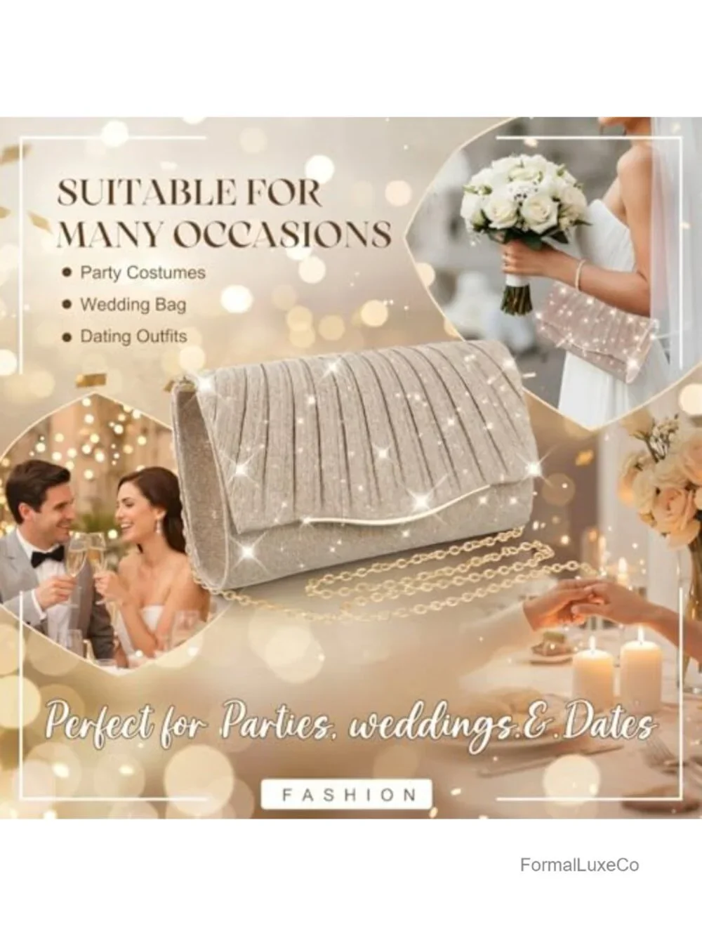 Sparkly Evening Clutch with Detachable Chain Strap for Weddings Proms Cocktail